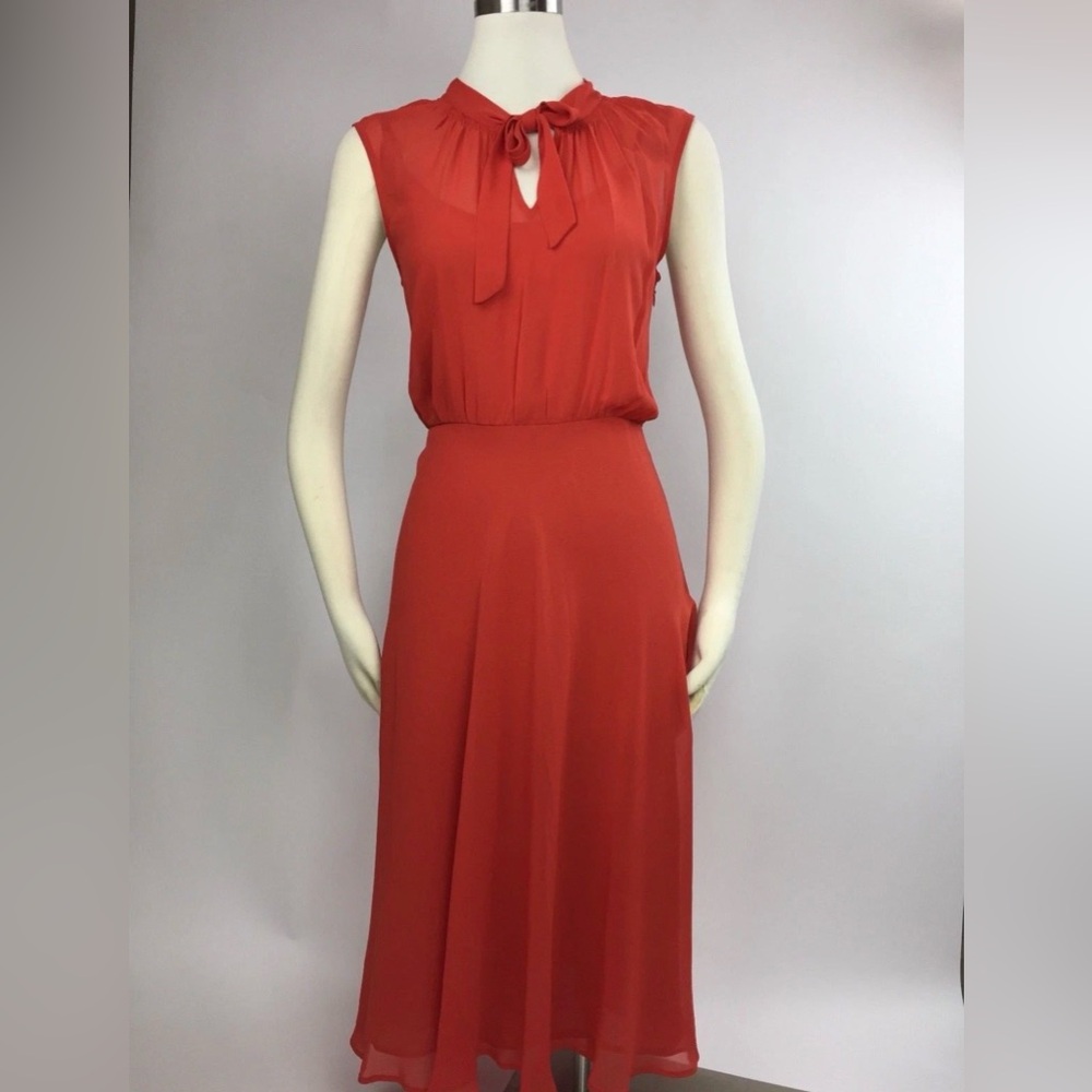 Ann Taylor Flattering Red/Orange Secretary Tie-neck Blouson dress size 16